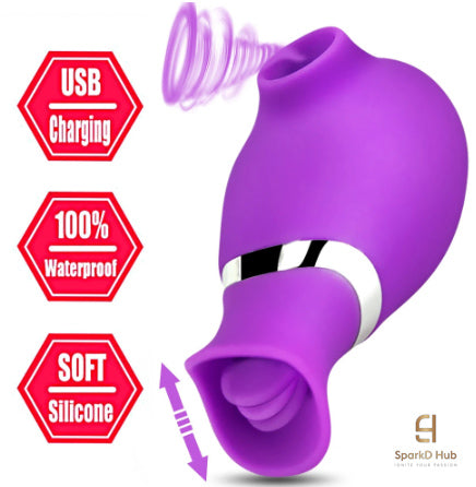 Ember 3-in-1 air-pulse massager in purple with feature labels