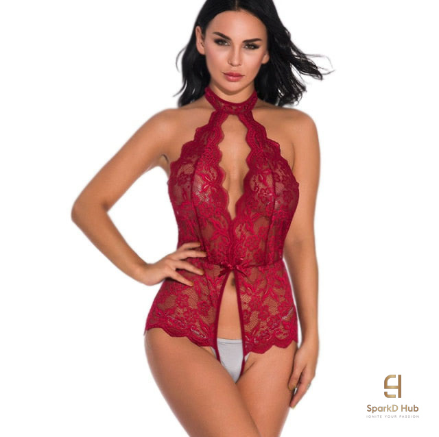Valentina floral lace V-neck bodysuit in burgundy, front view