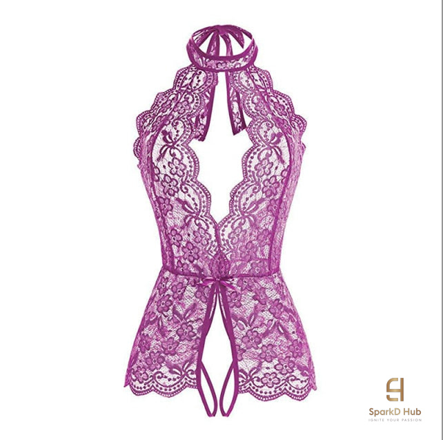 Valentina floral lace V-neck bodysuit in purple, flat lay